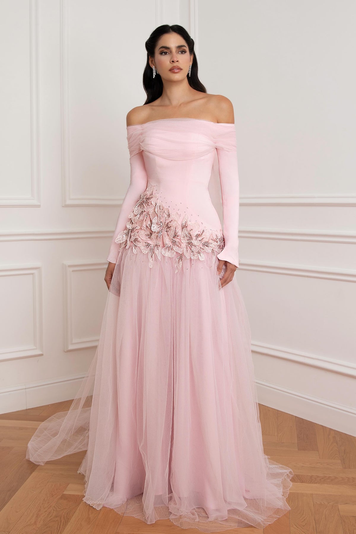 Off-the-Shoulder Long Sleeve Floral Tulle Gown