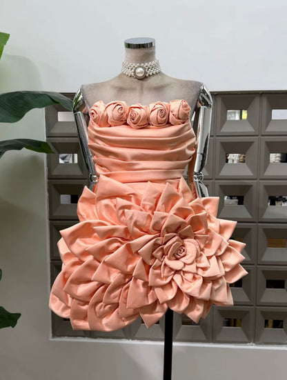 Strapless Ruched Mini Dress with 3D Floral Accents