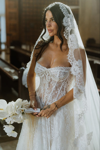 Corset Lace A-Line Wedding Dress with Pearl Beading