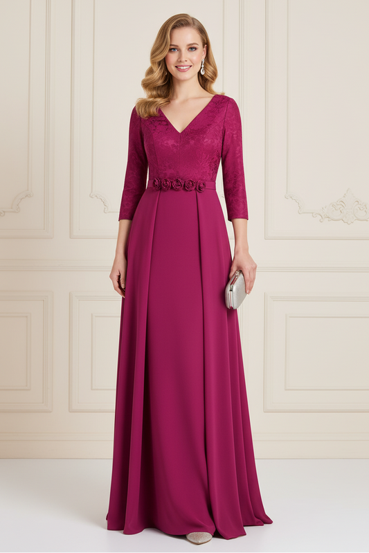 V-Neck 3/4 Sleeve A-Line Formal Gown