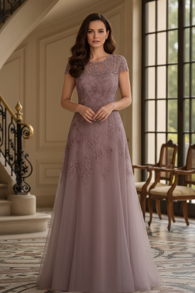 Lace Applique A-Line Tulle Evening Gown
