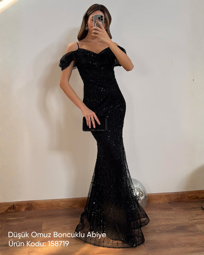 Off Shoulder Beaded Sequin Mermaid Evening Gown