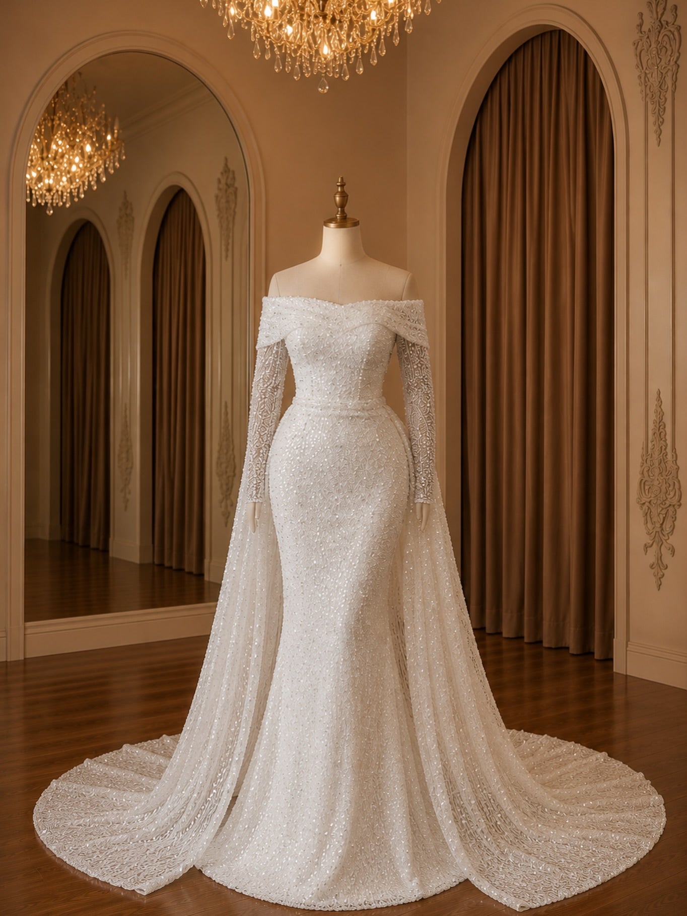Off-Shoulder Beaded Mermaid Gown with Cape Train