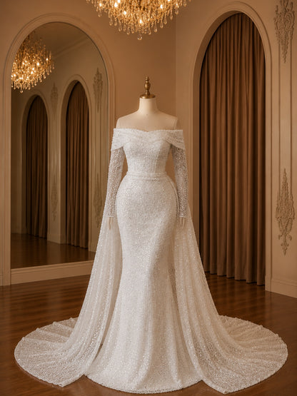 Off-Shoulder Beaded Mermaid Gown with Cape Train