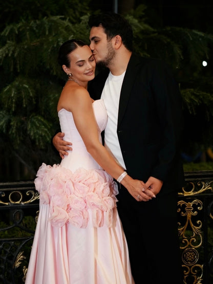 Strapless 3D Flower Basque Waist Evening Gown