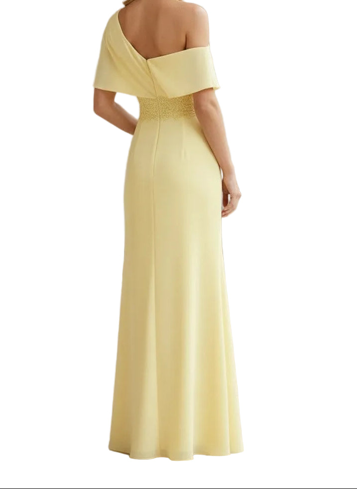 One-Shoulder Draped Gown with Lace Waist & High Slit
