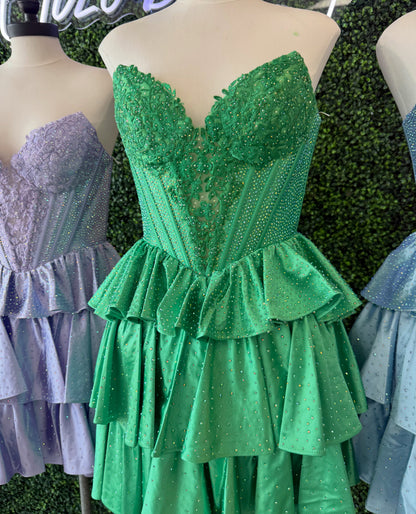 Corset Tiered Ruffle Mini Dress with Lace Bodice