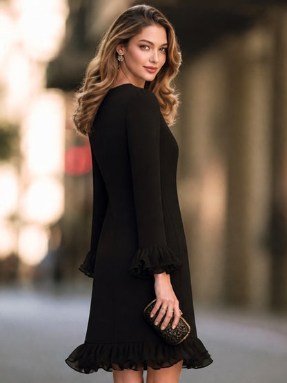 Notch Neck Long Sleeve Dress with Ruffle Trim