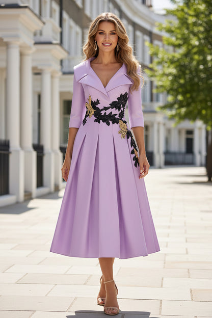 Midi Dress with Notch Collar and Embroidered Waist Applique