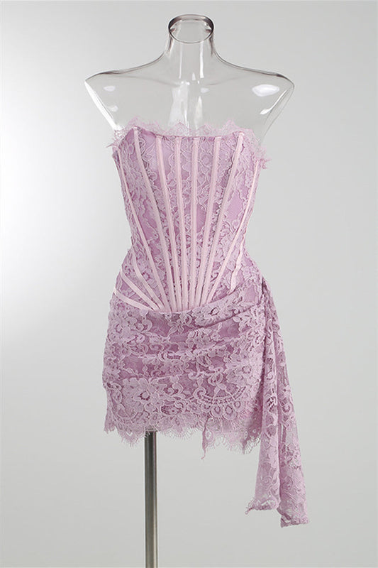 Strapless Lace Corset Mini Dress with Side Drape