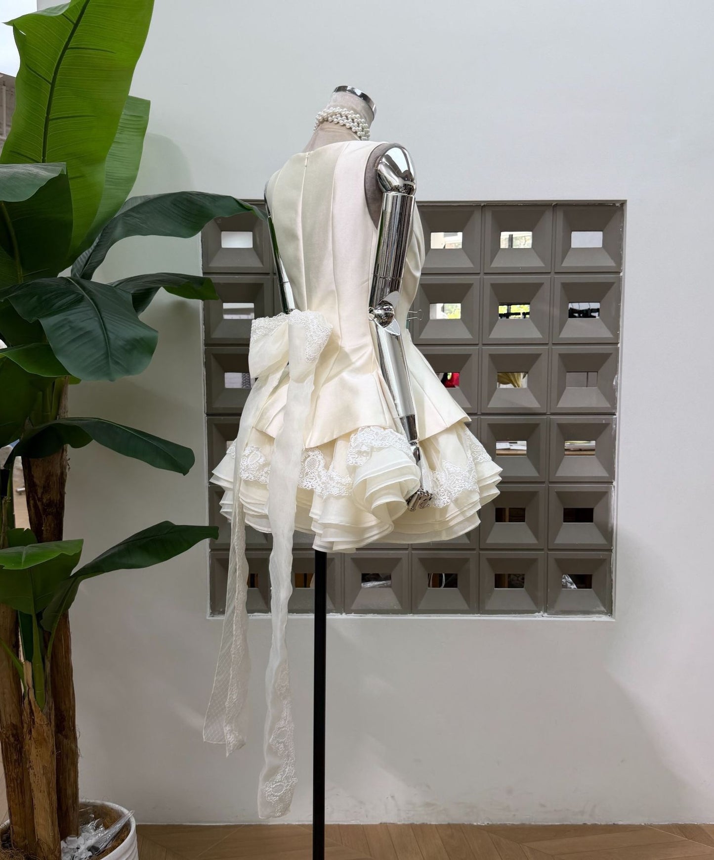 Square Neck Ruffled Mini Dress with Back Bow