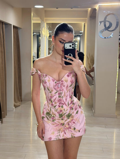 Off-the-Shoulder Floral Embroidered Corset Mini Dress