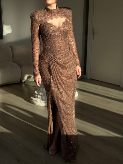 Beaded Cutout High Neck Long Sleeve Evening Gown