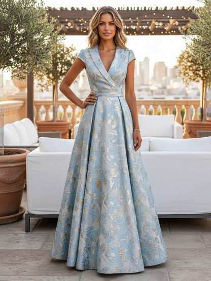 V-Neck Jacquard A-Line Evening Gown