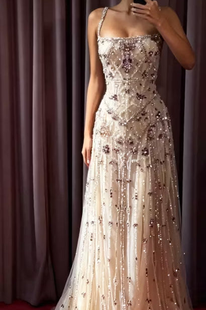 Sparkling Beaded Sequin Tulle Evening Gown