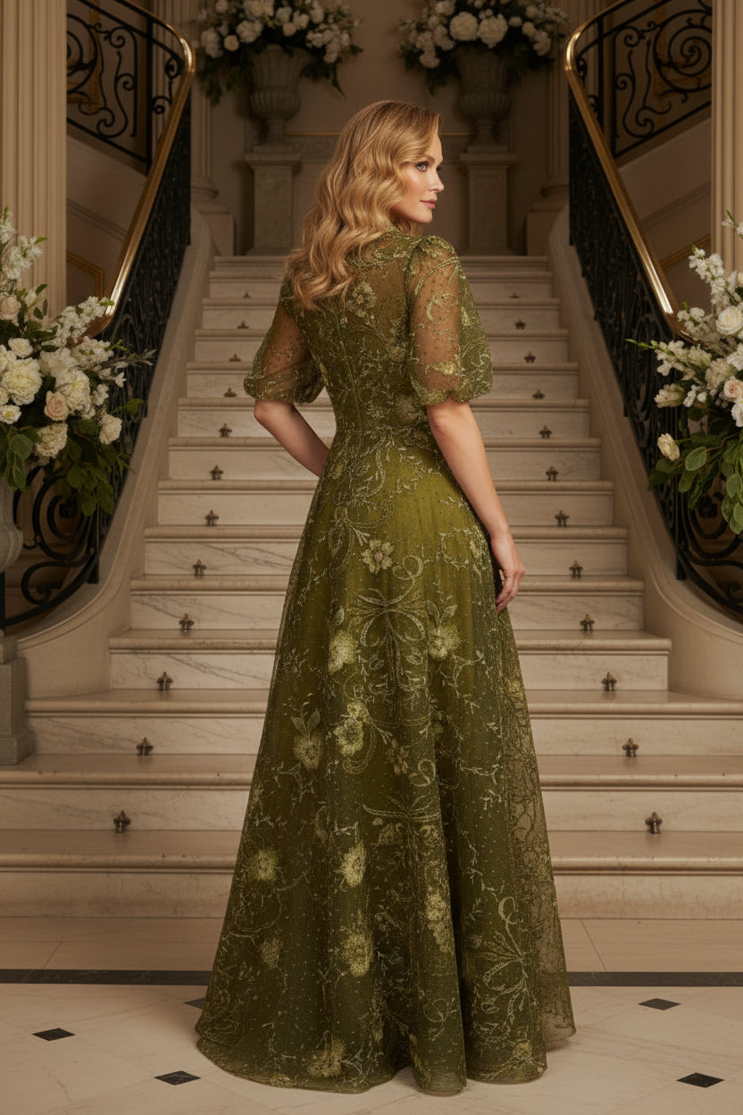 Embroidered A-Line Evening Gown with Puff Sleeves