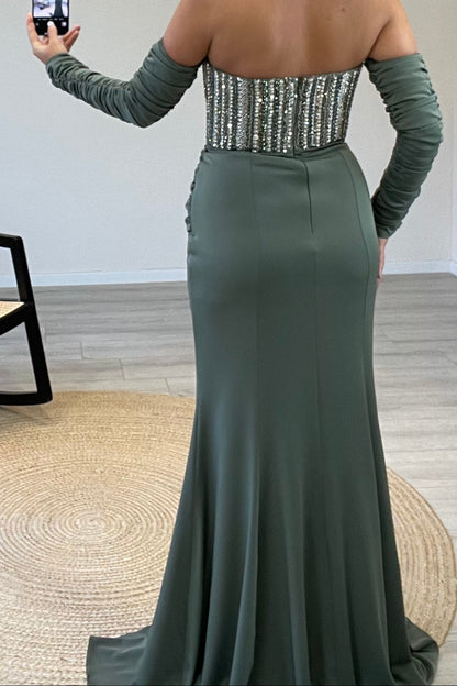 Crystal Bodice Mermaid Gown with Ruched Sleeves