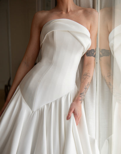 Strapless Drop Waist Satin Ball Gown Wedding Dress