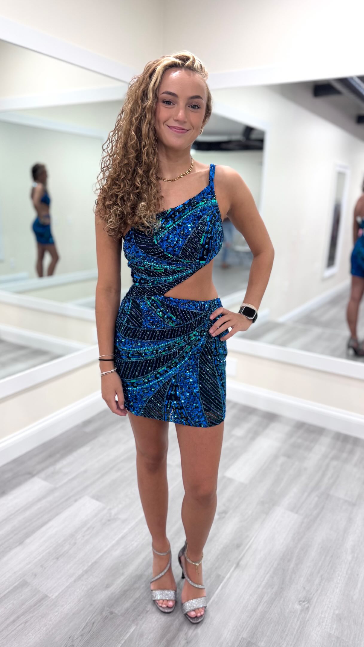 One Shoulder Sequin Cut-Out Mini Dress