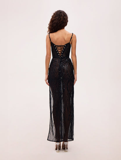 Corset Sequin Maxi Dress with High Slit