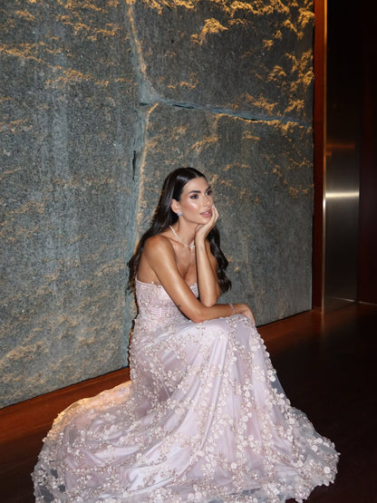 Strapless Floral Applique A-Line Gown