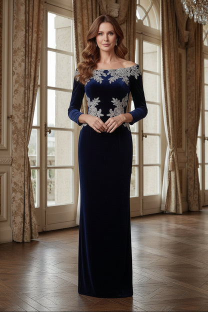 Off-the-Shoulder Embroidered Velvet Evening Gown
