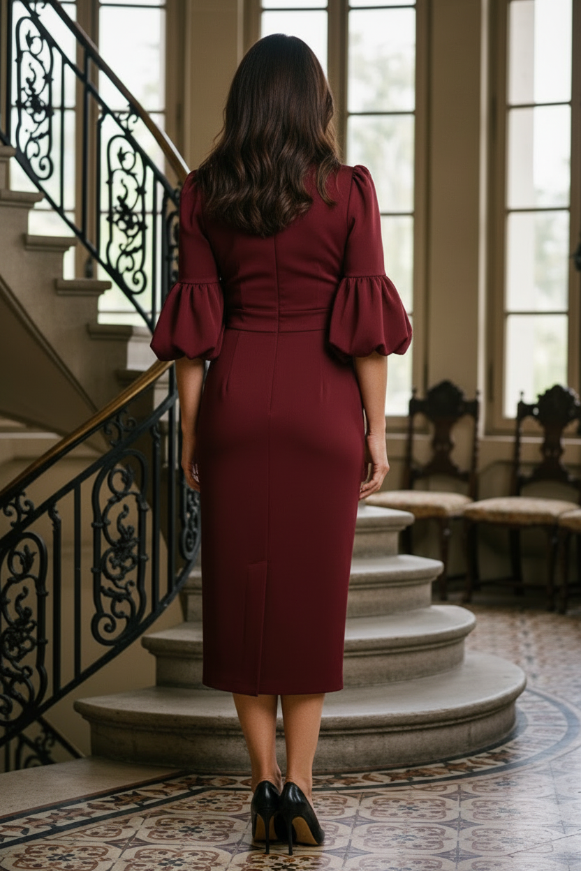 V-Neck Midi Dress with 3D Flower and Balloon Sleeves