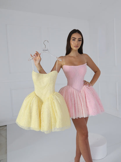 Strapless Corset Pleated Mini Dress with Bubble Skirt