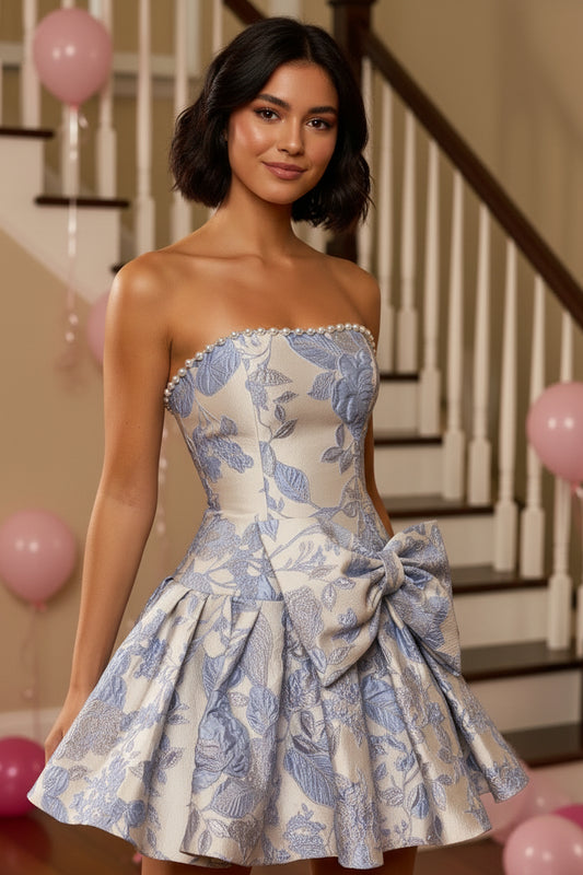 Strapless Jacquard A-Line Mini Dress with Bow