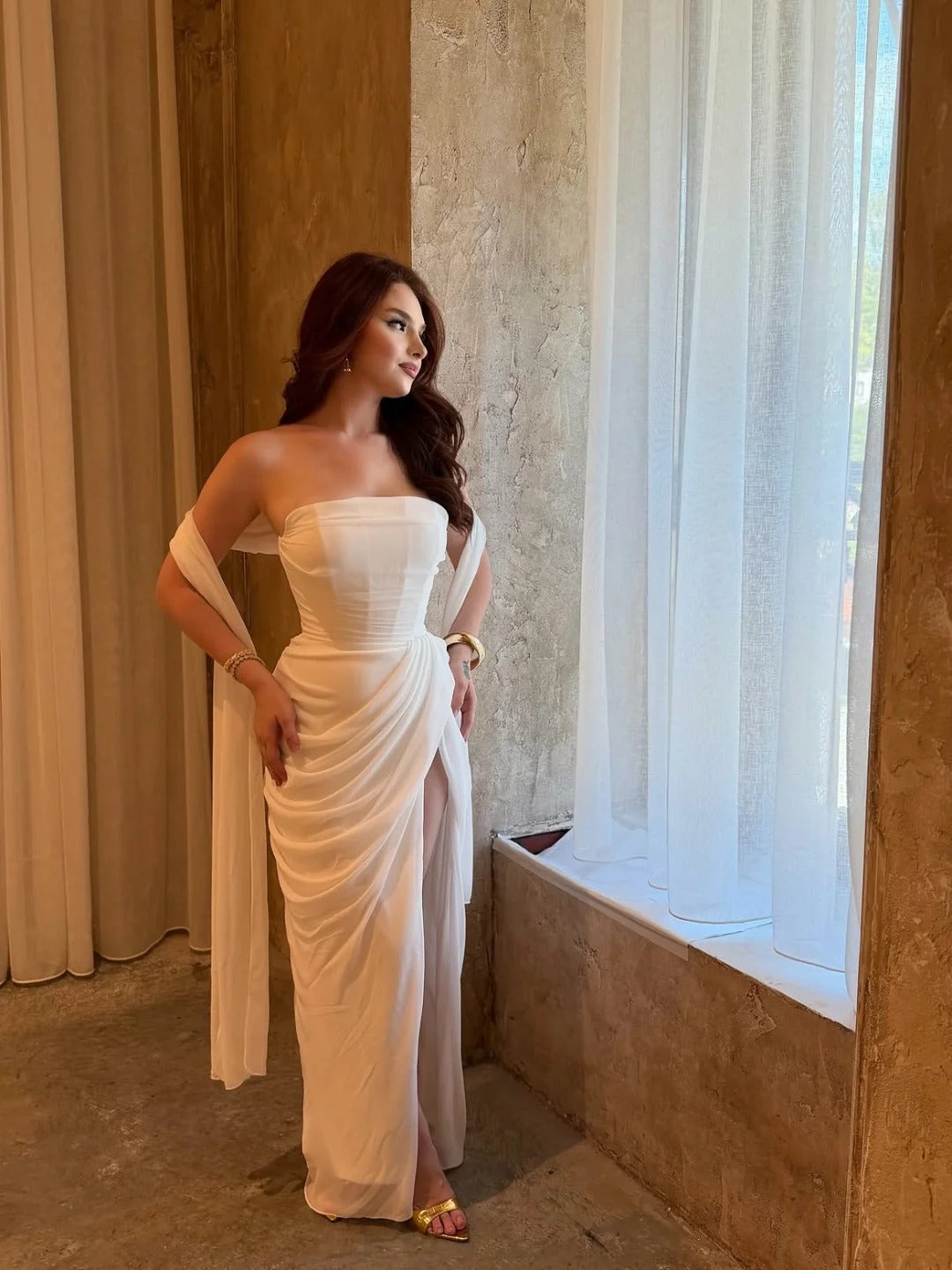 Strapless Ruched Maxi Dress with High Slit and Shawl