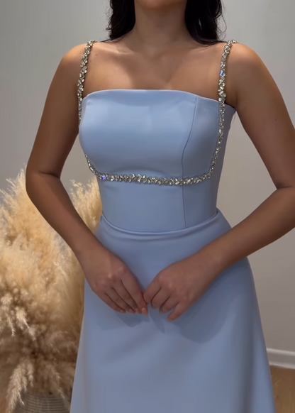 Rhinestone Trim Straight Neck Maxi Dress