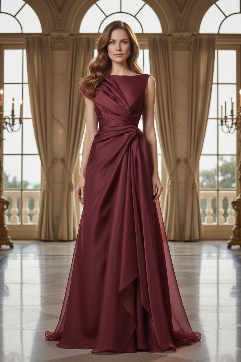 Draped Ruffle Shoulder Floor-Length Gown
