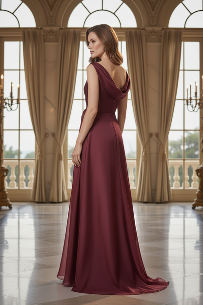 Draped Ruffle Shoulder Floor-Length Gown