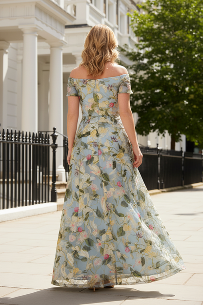 Off-the-Shoulder Floral Maxi Gown with High Slit