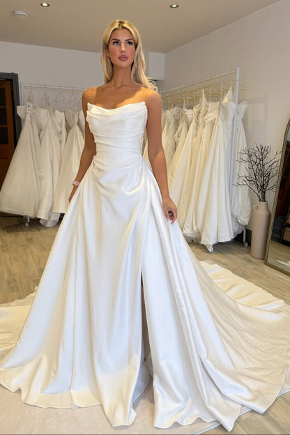 Strapless Ruched Wedding Dress with Slit & Bow