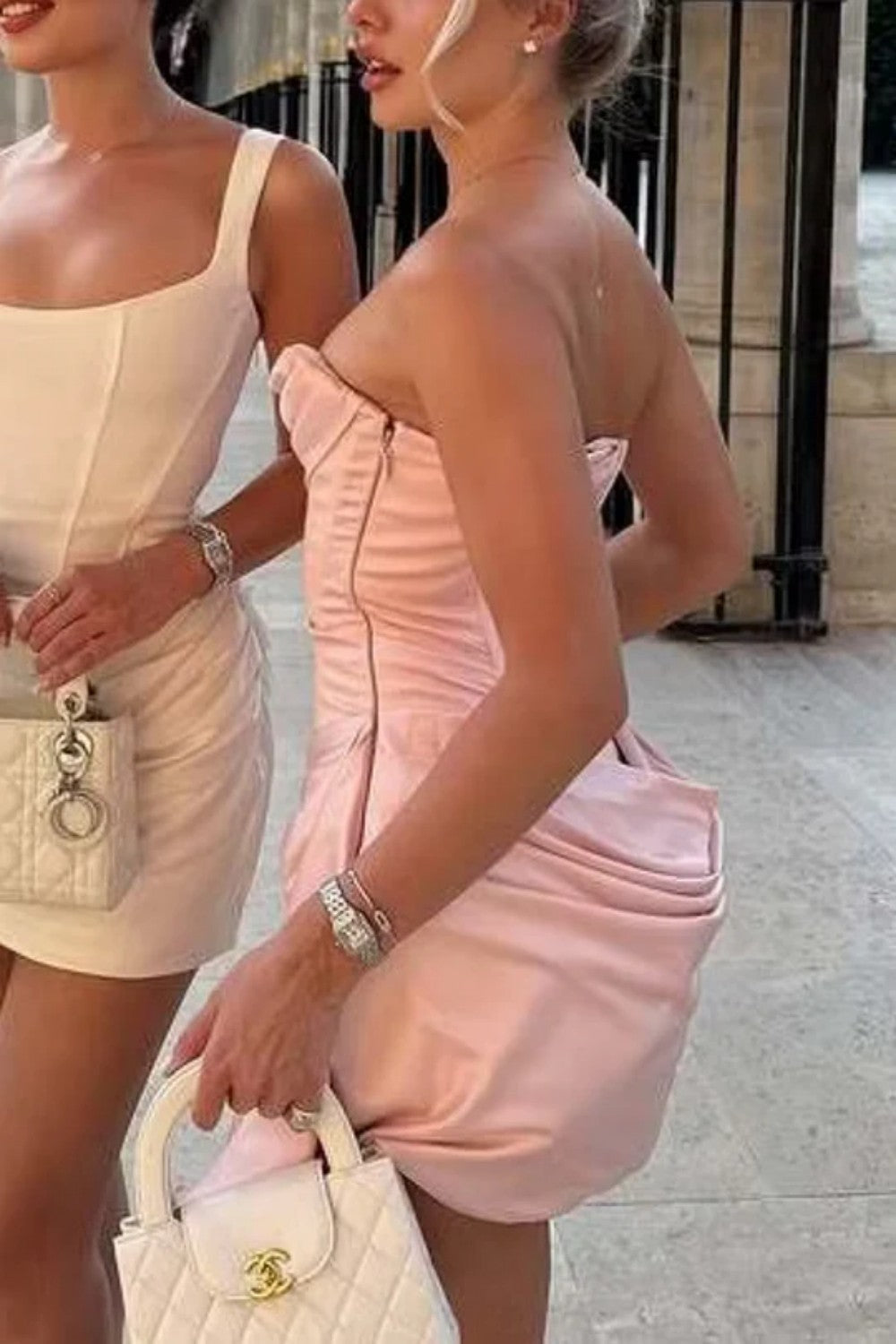 Off-Shoulder Satin Mini Dress with Draped Train