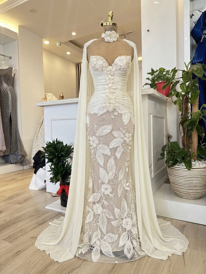 Ruched Bodice Mermaid Wedding Dress with Cape