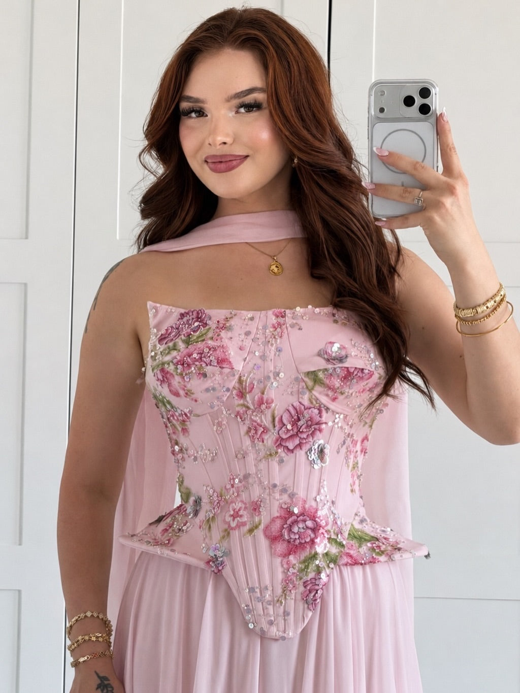 Floral Corset Evening Gown with Matching Shawl