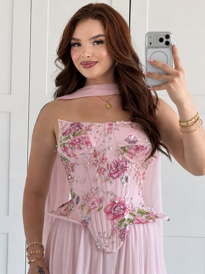Floral Corset Evening Gown with Matching Shawl