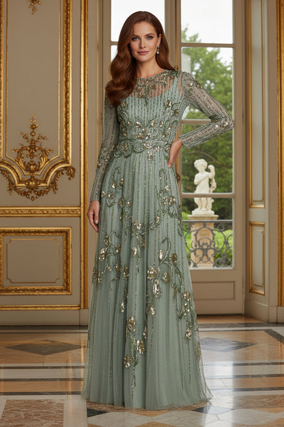 Beaded Illusion Long Sleeve A-Line Evening Gown