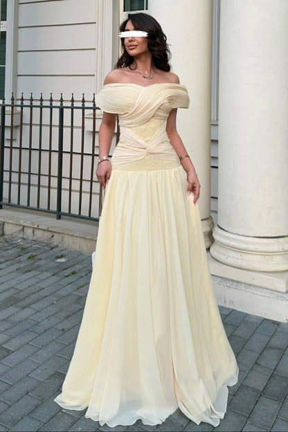 Off Shoulder Pleated Corset A-line Gown