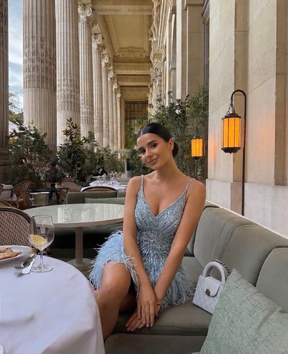 Sequin Beaded Mini Dress with Feather Skirt