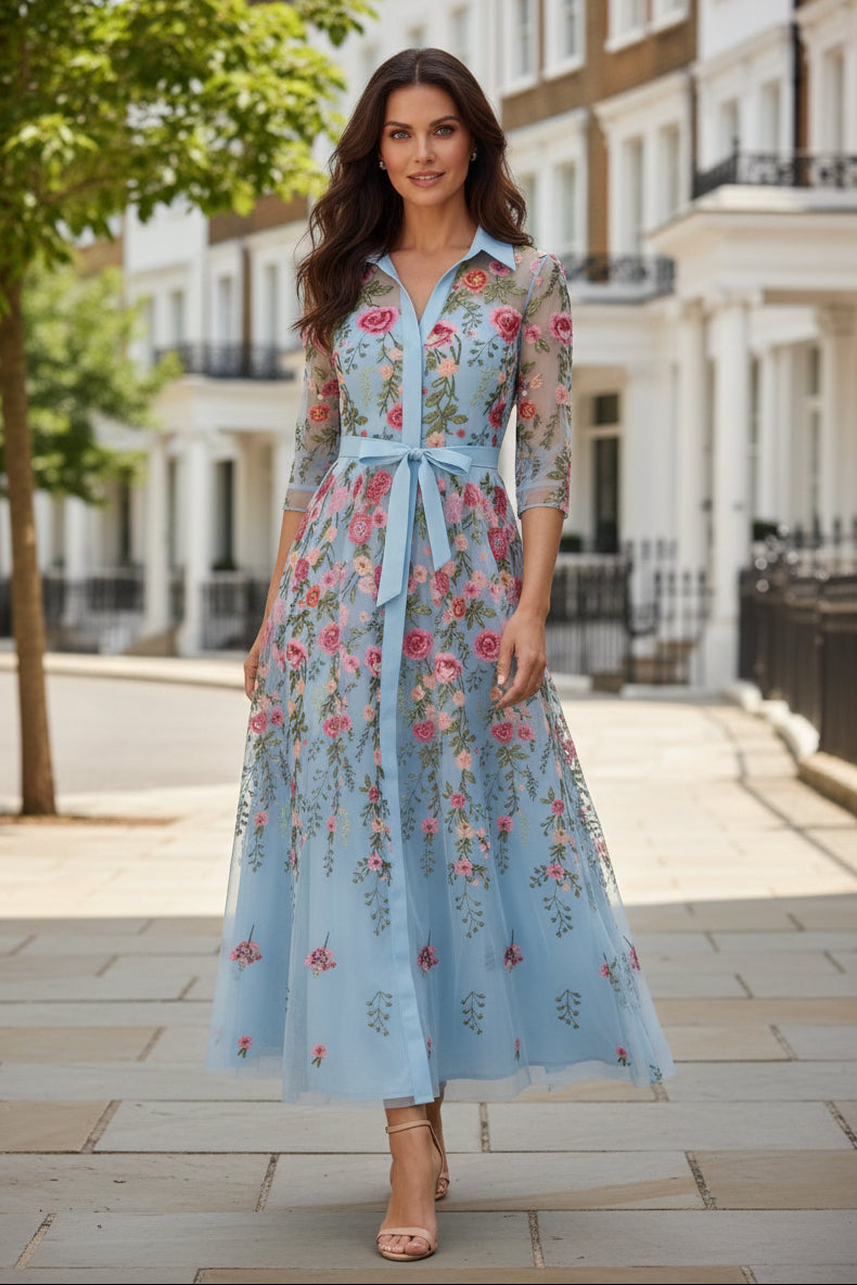 Floral Embroidered Tulle Tea-Length Dress with Collar & Sash