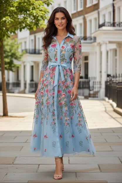 Floral Embroidered Tulle Tea-Length Dress with Collar & Sash