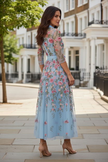 Floral Embroidered Tulle Tea-Length Dress with Collar & Sash
