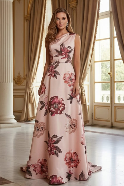 One Shoulder Floral Print A-Line Evening Gown