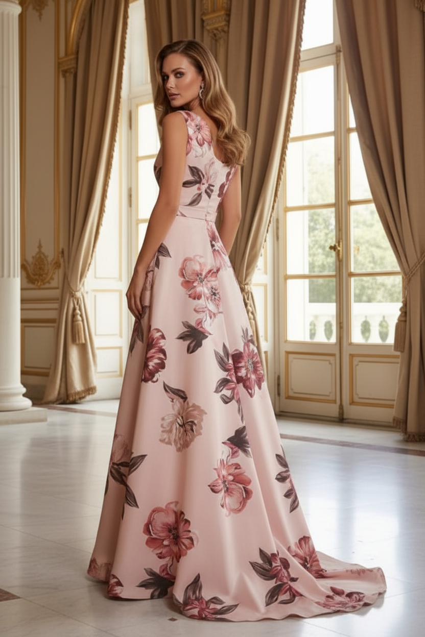 One Shoulder Floral Print A-Line Evening Gown