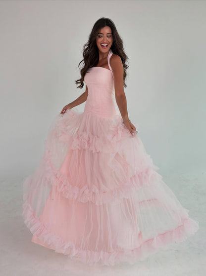 Tiered Tulle Ruffle Halter Evening Gown