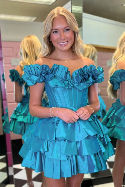 Off-the-Shoulder Corset Tiered Ruffle Mini Dress