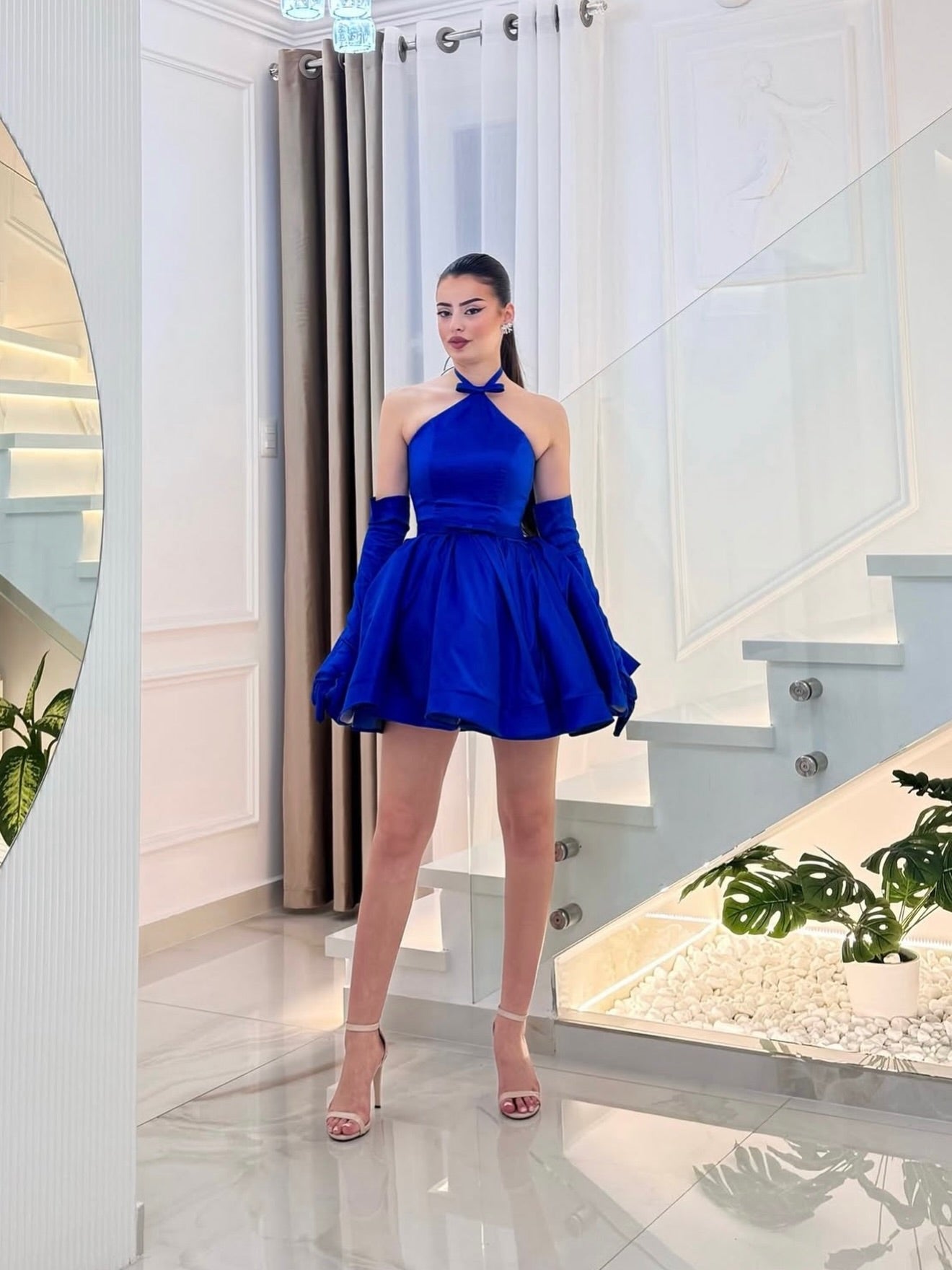 Halter Satin A-Line Mini Dress with Gloves